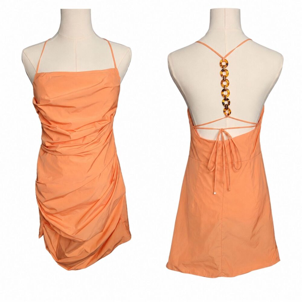Amanda Uprichard Dress Sz Small Laconia Chain in Coral Mini Ruched Tie up Back